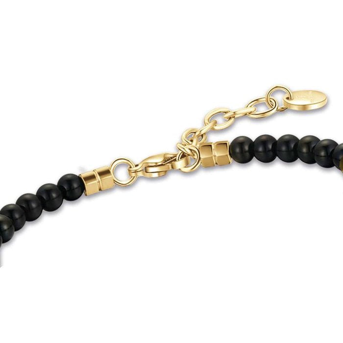 Bracciale in acciaio con pietre nere ed elementi in acciaio ip gold