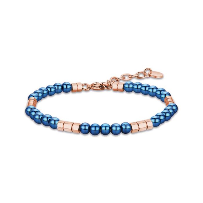 Bracciale in acciaio con pietre blu ed elementi in acciaio ip rose
