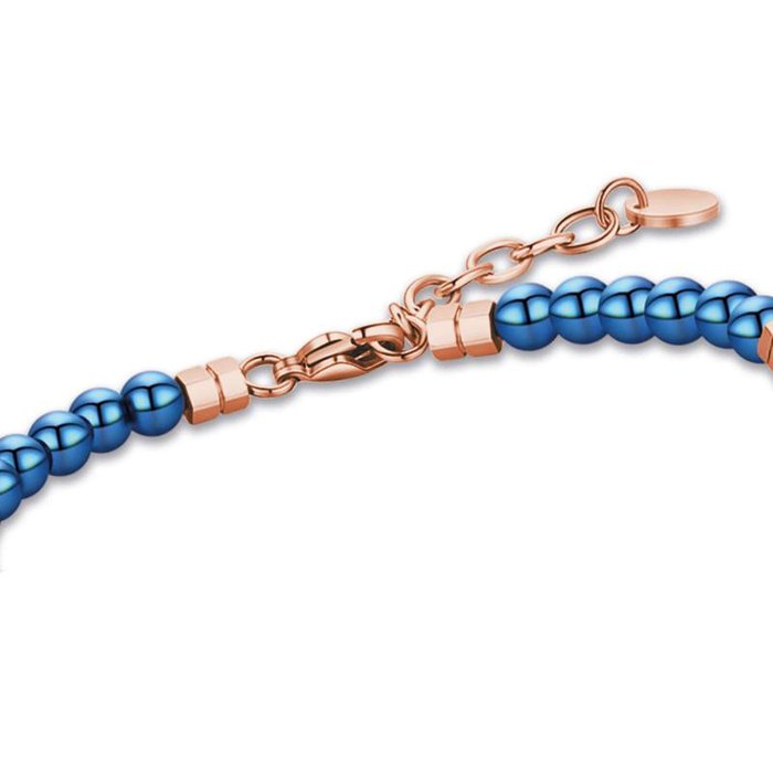 Bracciale in acciaio con pietre blu ed elementi in acciaio ip rose