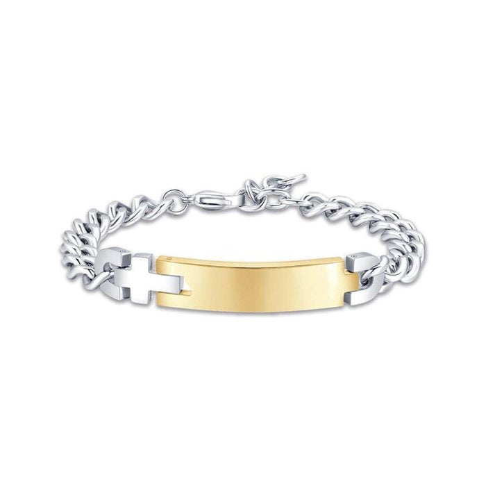 Bracciale in acciaio con piastra in acciaio gold e croce