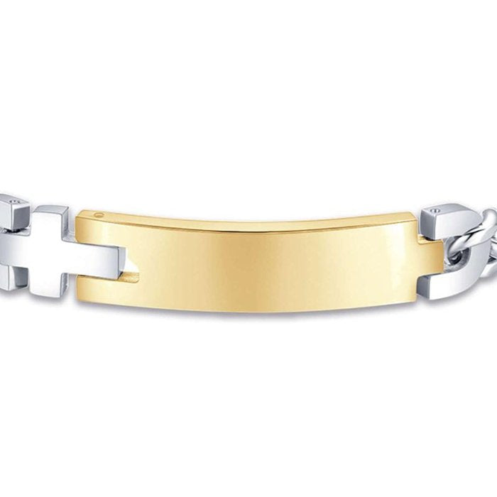 Bracciale in acciaio con piastra in acciaio gold e croce