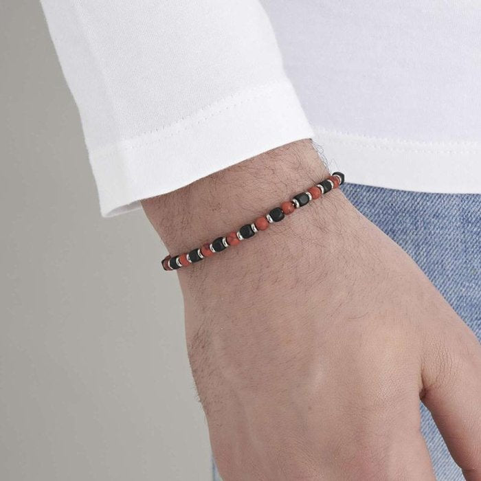 Bracciale in acciaio con pietre rosse e nere