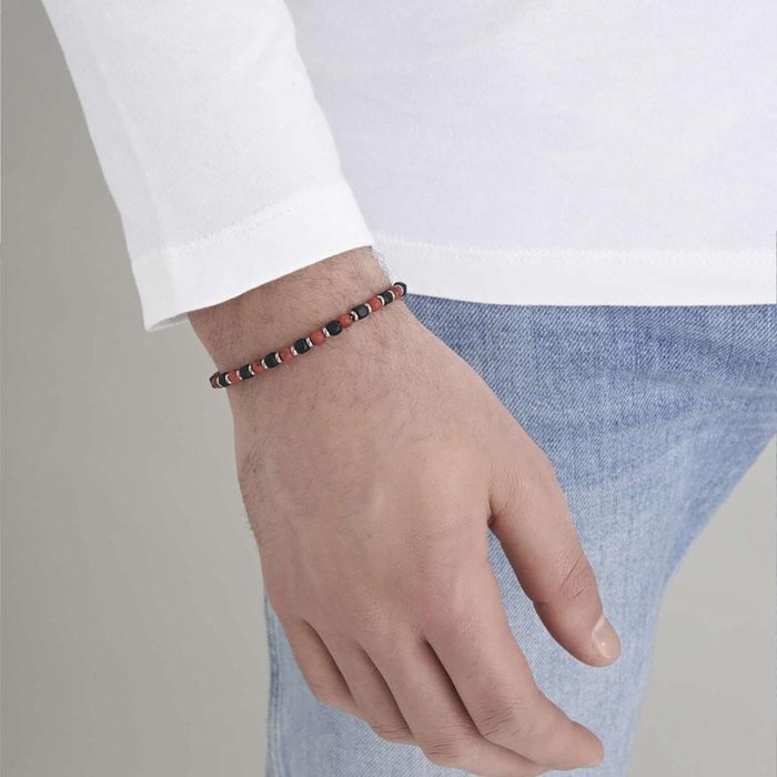 Bracciale in acciaio con pietre rosse e nere