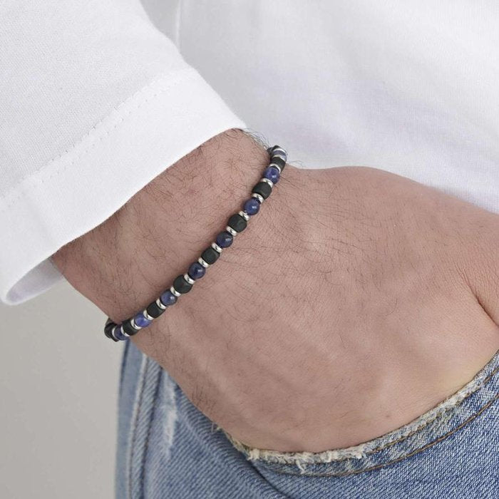Bracciale in acciaio con pietre nere e blu
