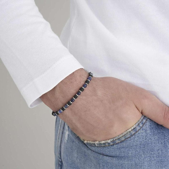 Bracciale in acciaio con pietre nere e blu