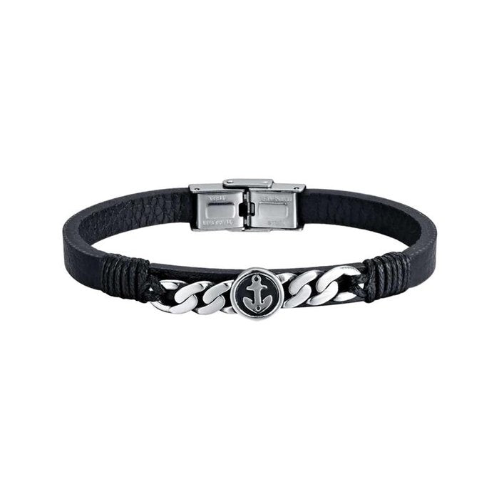 Bracciale in acciaio e pelle nera con ancora