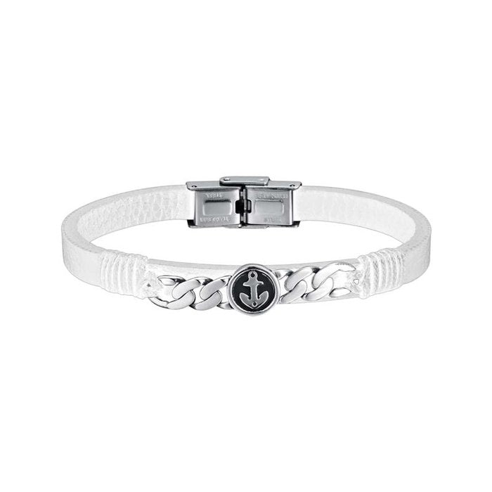 Steel and white leather bracelet with anchor