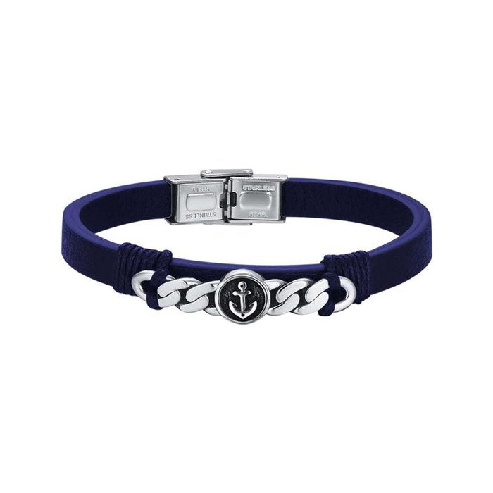 Bracciale in acciaio e pelle blu con ancora
