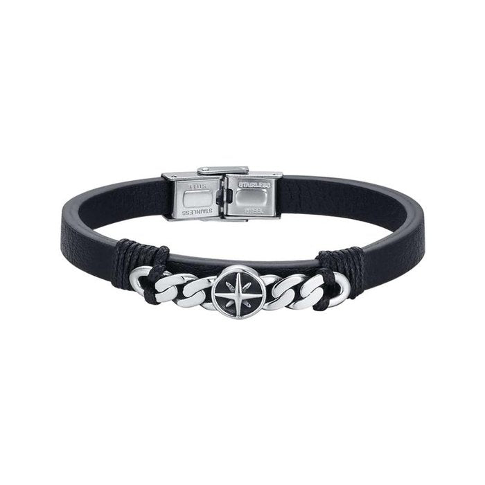 Bracciale in acciaio e pelle nera con rosa dei venti