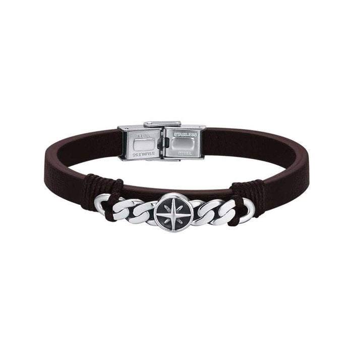 Bracciale in acciaio e pelle marrone con rosa dei venti