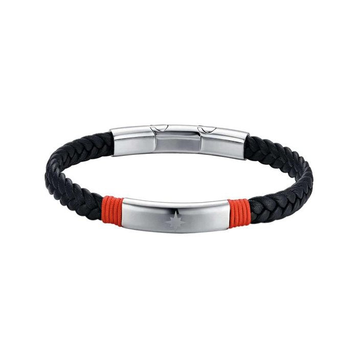 Bracciale in similpelle nera e corda rossa con rosa dei venti