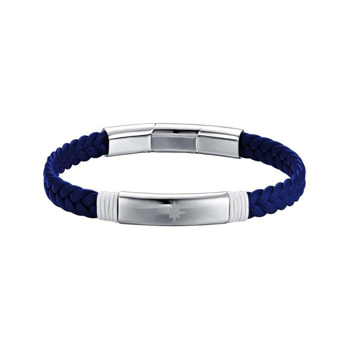 Bracciale in similpelle blu e corda bianca con rosa dei venti