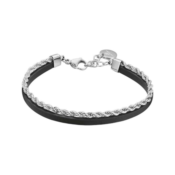 Bracciale in acciaio e similpelle nera