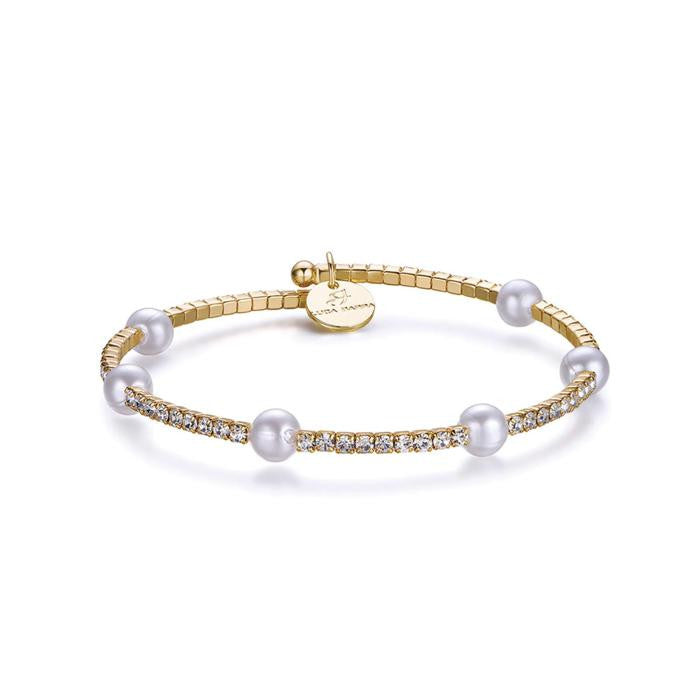 Bracelet en métal avec pierres et perles blanches, plaqué or