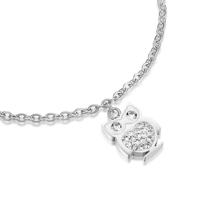Bracciale In Acciaio Con Gufo E Cristalli Bianchi
