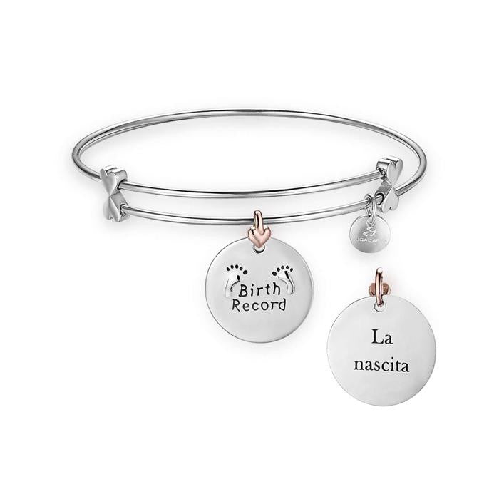 Bracelet en acier avec acte de naissance et inscription de naissance