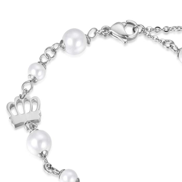 Bracelet en acier avec couronnes et perles blanches