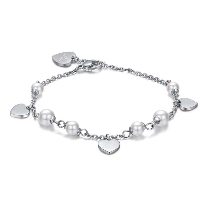 Bracciale In Acciaio Con Perle Bianche E Cuori