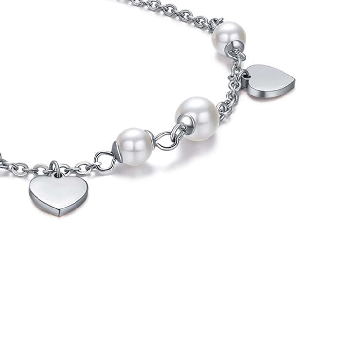 Bracciale In Acciaio Con Perle Bianche E Cuori