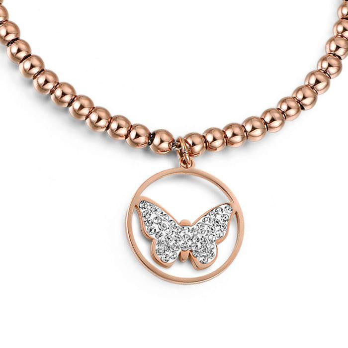 Bracelet en acier IP or rose avec papillon et cristaux blancs