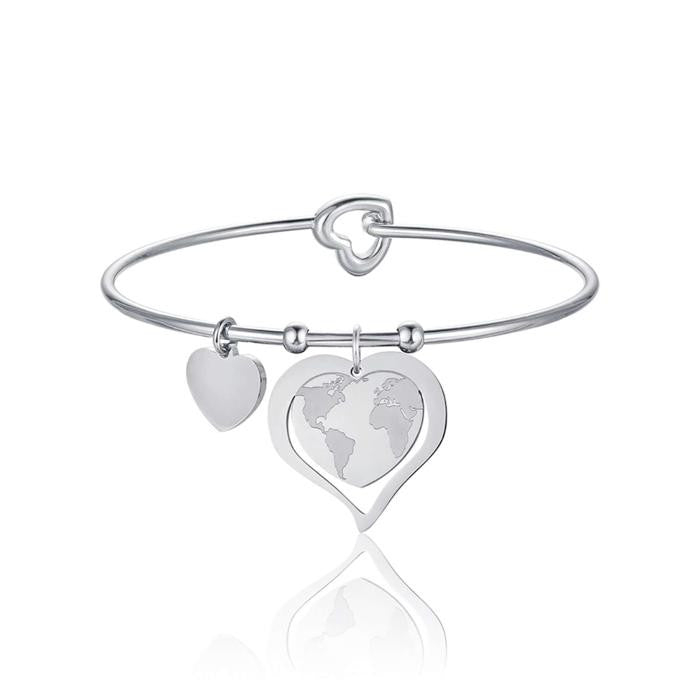 Bracelet en acier avec carte du monde en forme de cœur