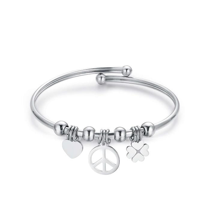 Bracelet en acier avec symbole de paix et cœur en forme de trèfle à quatre feuilles