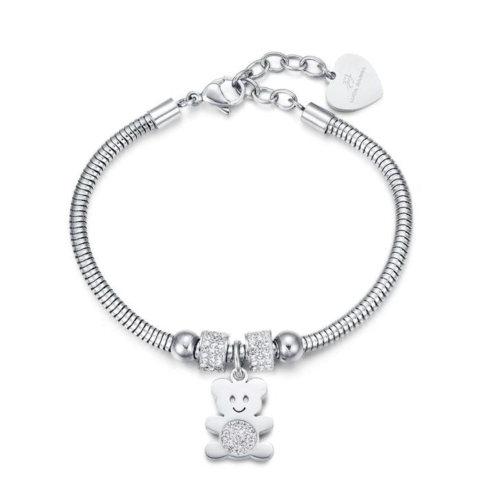 Bracelet en acier avec ours en peluche et cristaux blancs