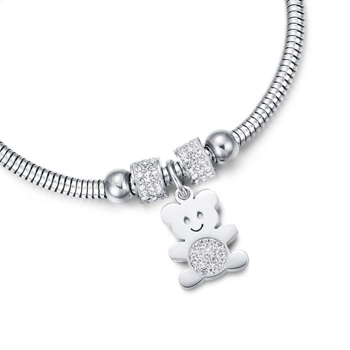 Bracelet en acier avec ours en peluche et cristaux blancs