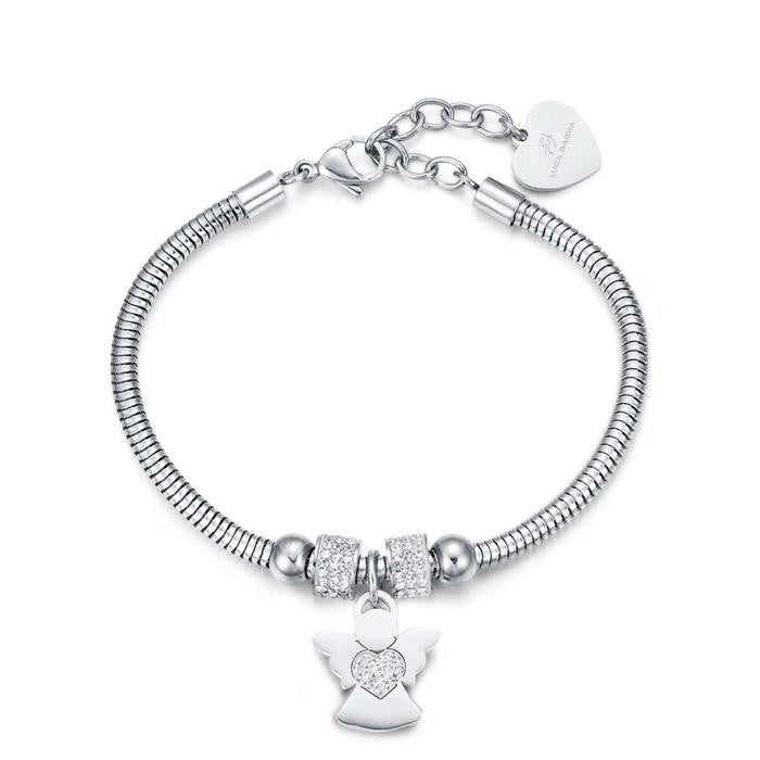 Bracelet en acier avec ange et cristaux blancs