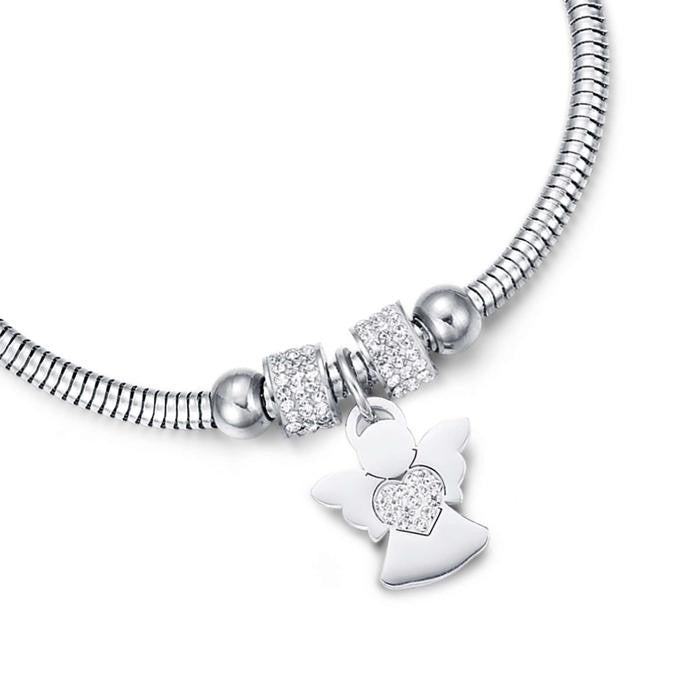 Bracelet en acier avec ange et cristaux blancs