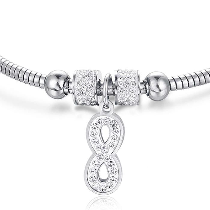 Bracelet en acier avec infini et cristaux blancs
