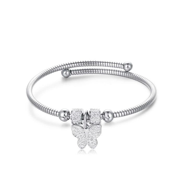 Bracelet en acier avec papillon et cristaux blancs