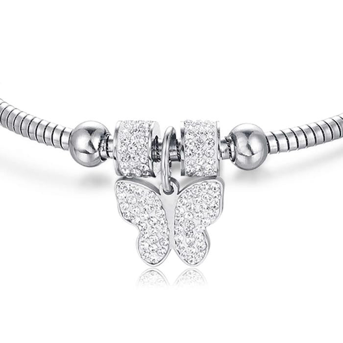 Bracelet en acier avec papillon et cristaux blancs