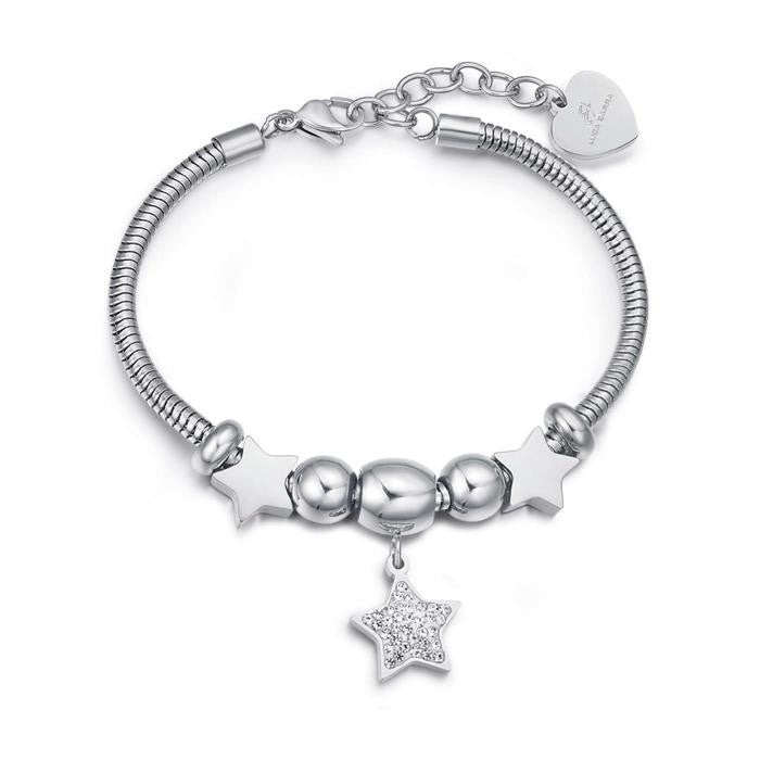 Bracelet en acier avec étoile avec cristaux blancs et étoiles en acier