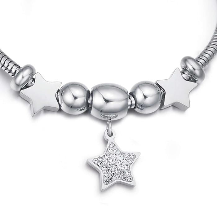Bracelet en acier avec étoile avec cristaux blancs et étoiles en acier