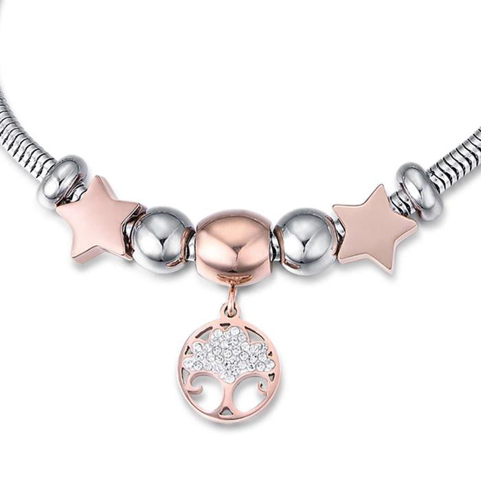 Bracelet en acier avec arbre de vie, cristaux roses et blancs et étoiles