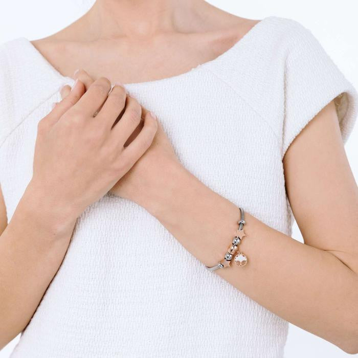 Bracelet en acier avec arbre de vie, cristaux roses et blancs et étoiles