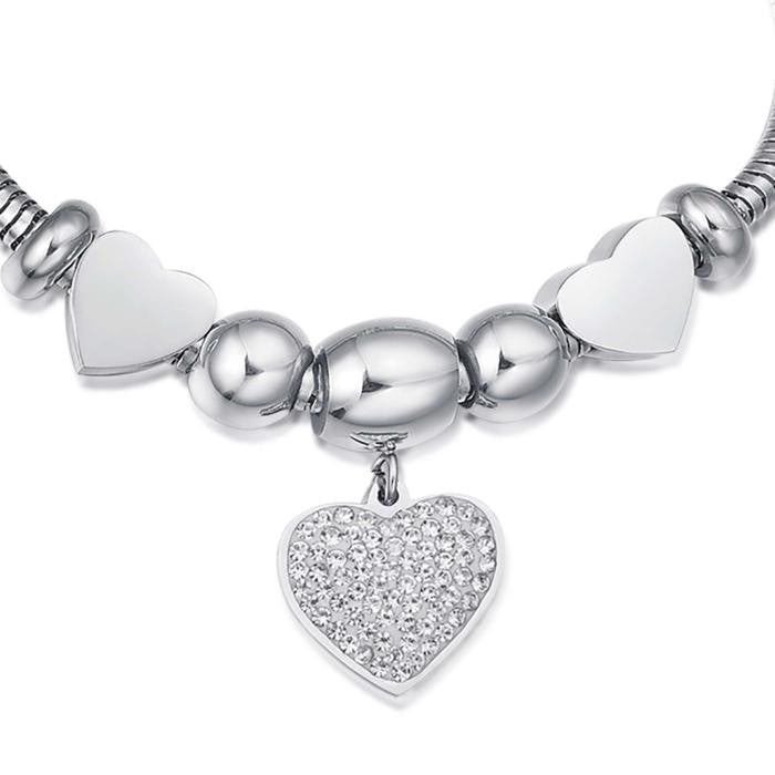 Bracelet en acier avec cœur et cristaux blancs et cœurs en acier