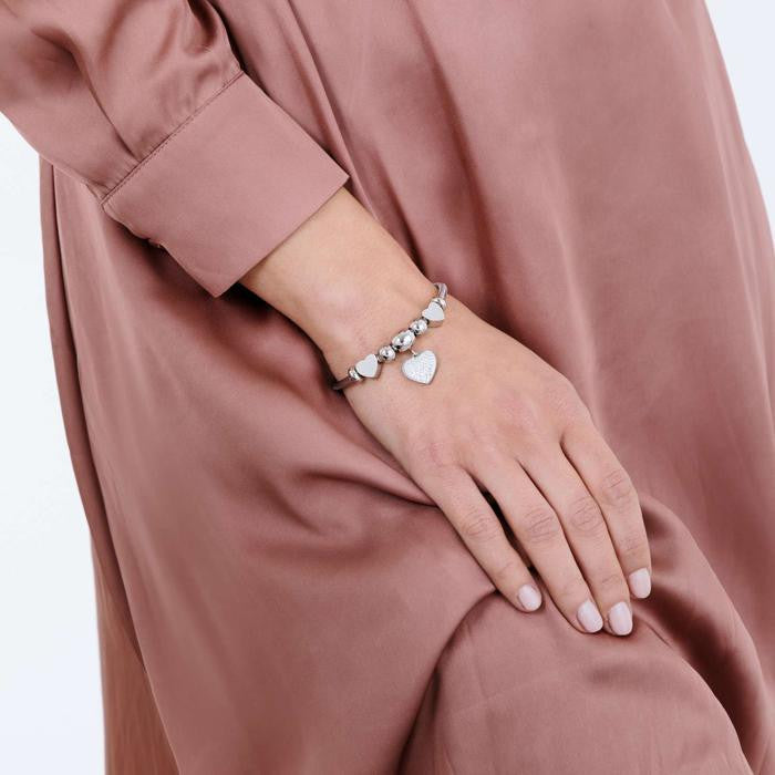 Bracelet en acier avec cœur et cristaux blancs et cœurs en acier