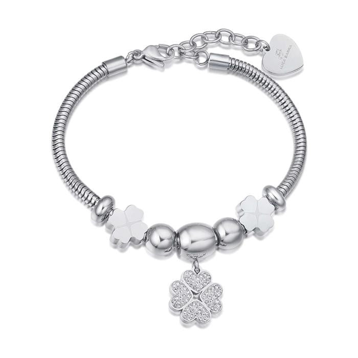 Bracelet en acier avec trèfle à quatre feuilles et cristaux blancs