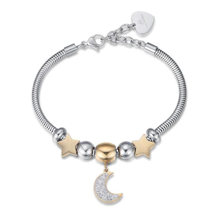 Bracelet en acier avec lune et cristaux blancs et étoiles (or IP)