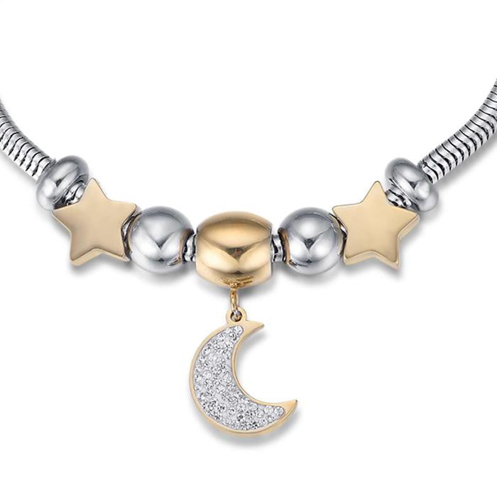 Bracelet en acier avec lune et cristaux blancs et étoiles (or IP)