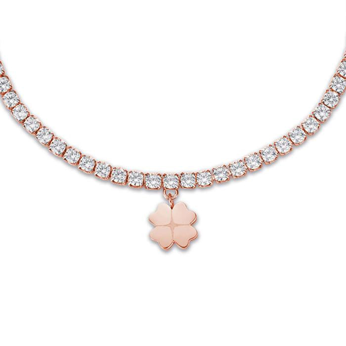 Bracelet en acier IP or rose avec trèfle à quatre feuilles et cristaux blancs
