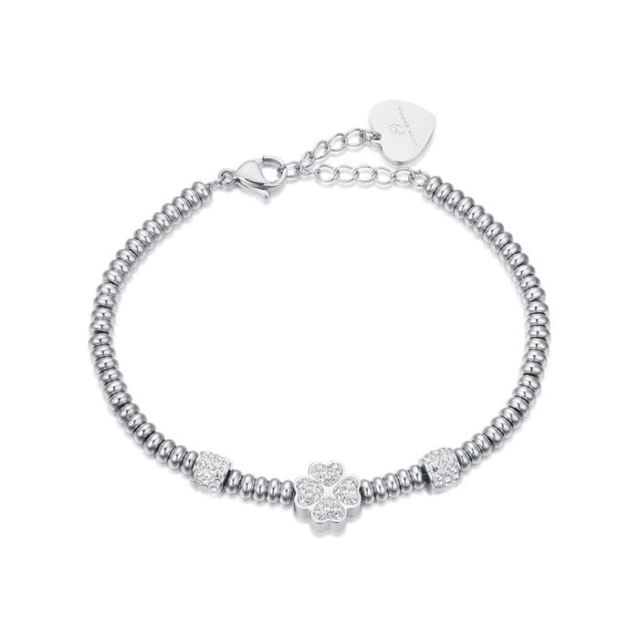 Bracelet en acier avec trèfle à quatre feuilles et cristaux blancs