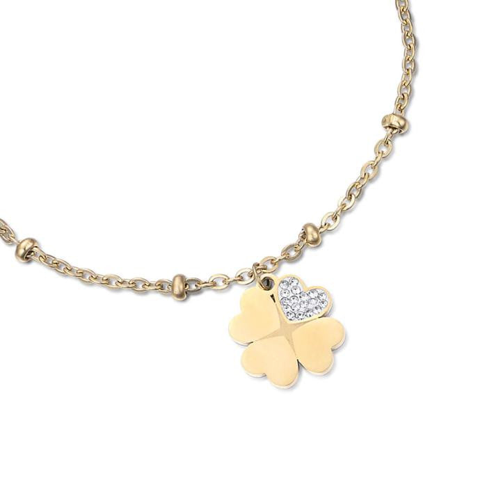Bracelet en acier doré IP avec trèfles à quatre feuilles et cristaux blancs