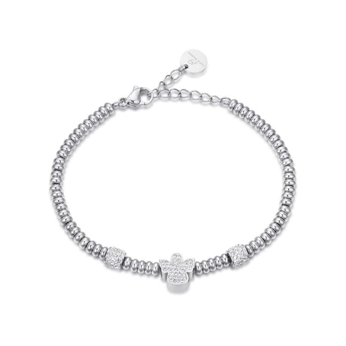 Bracelet en acier avec ange et cristaux blancs