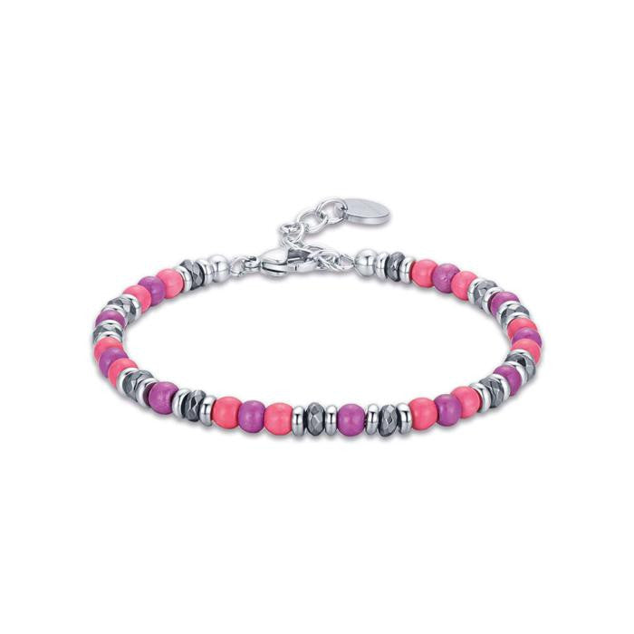 Bracelet en acier avec pierres roses et violettes