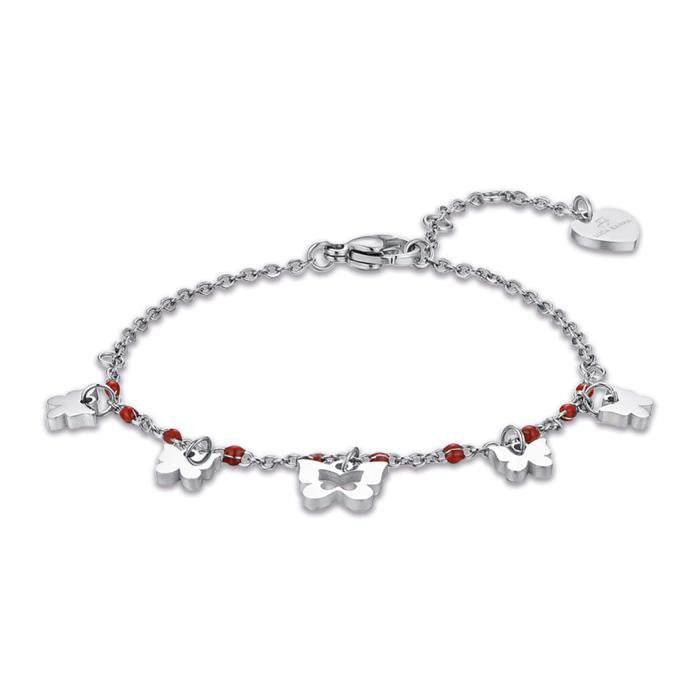 Bracelet en acier avec papillons et pierres rouges