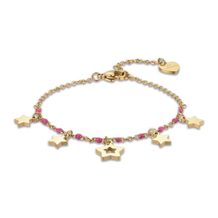 Bracelet en acier doré IP avec étoiles et pierres fuchsia