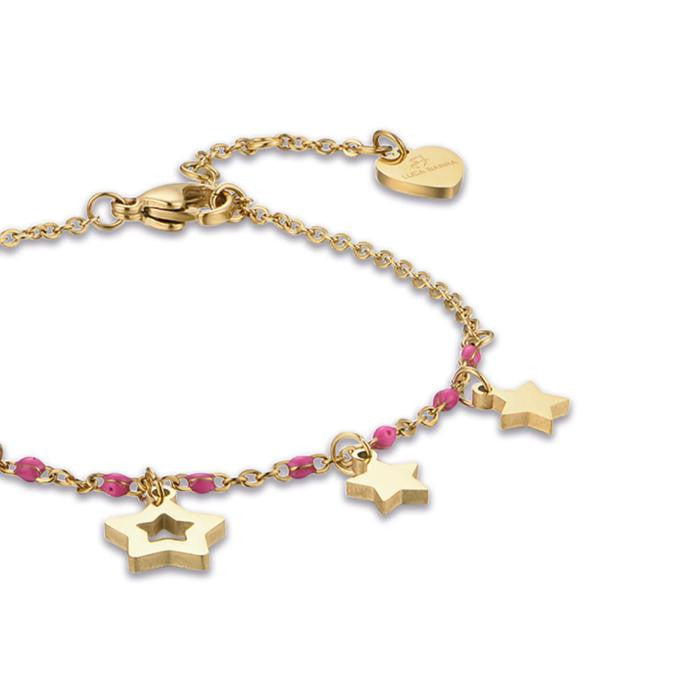 Bracelet en acier doré IP avec étoiles et pierres fuchsia